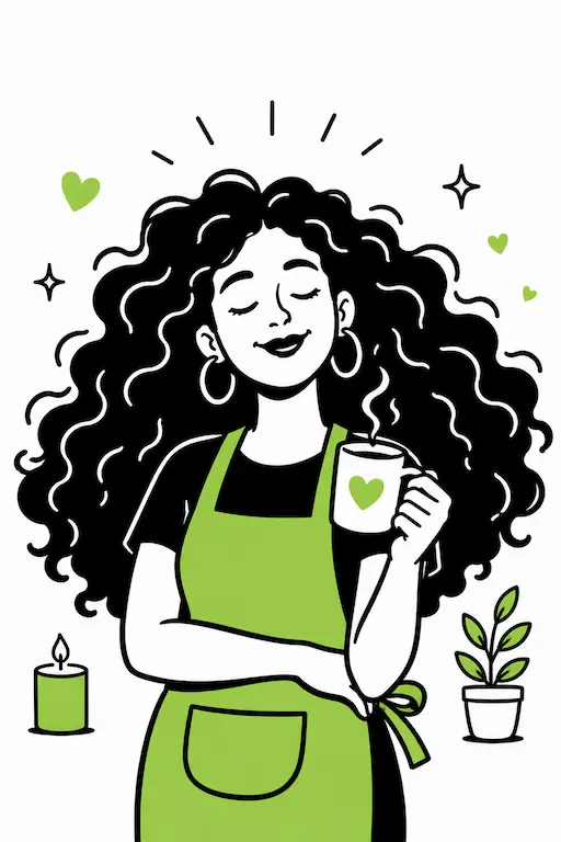 Empreendedora relaxada a beber café enquanto o seu website automatizado trabalha