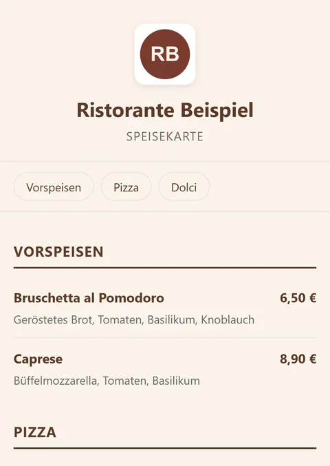 Real screenshot of the online menu on a phone, right after scanning the QR code