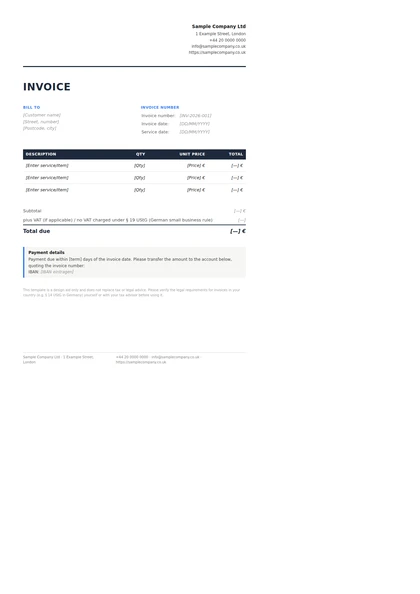 Real example of a generated invoice template with a business logo and two brand colors applied